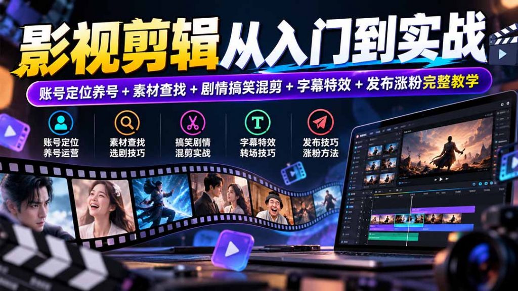 影视剪辑从入门到实战：账号定位养号+素材查找+剧情搞笑混剪+字幕特效+发布涨粉完整教学-孔明聊项目