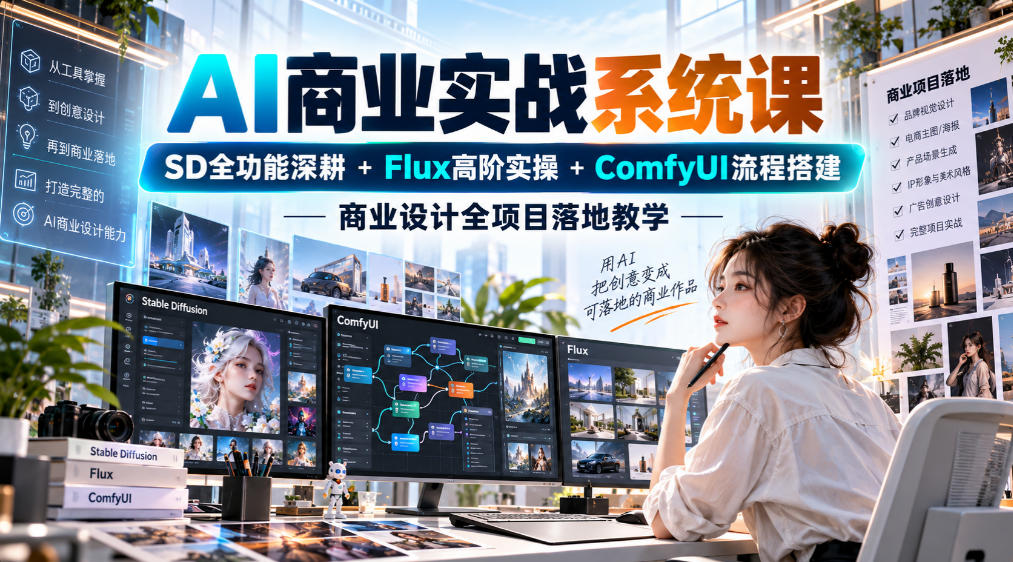 AI商业实战系统课｜SD全功能深耕+Flux高阶实操+Comfyui流程搭建，商业设计全项目落地教学-孔明聊项目
