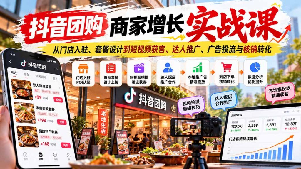 抖音团购商家增长实战课：从门店入驻、套餐设计到短视频获客、达人推广、广告投流与核销转化-孔明聊项目