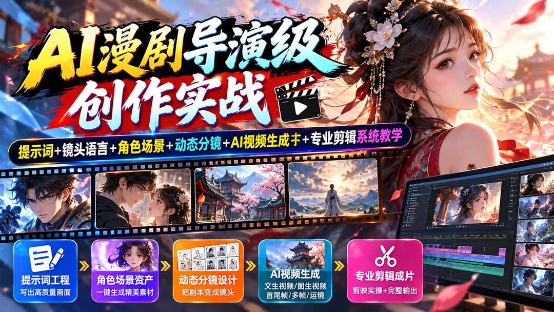 AI漫剧导演级创作实战：提示词+镜头语言+角色场景+动态分镜+AI视频生成+专业剪辑系统教学-孔明聊项目