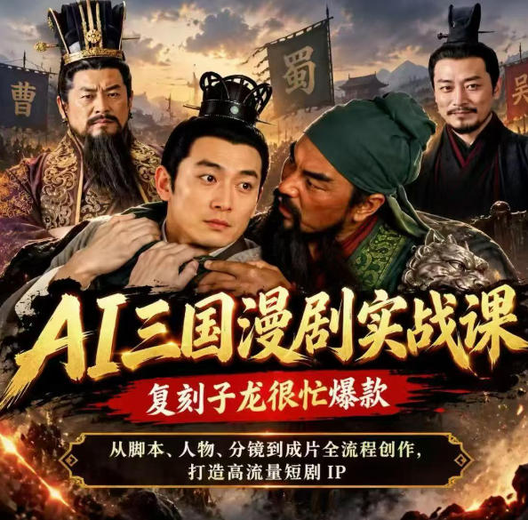 抖音14W粉博主同款AI三国漫剧实战课,复刻子龙很忙爆款,从脚本、人物、分镜到成片全流程创作,打造高流量短剧IP-孔明聊项目