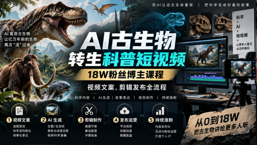 AI古生物转生科普短视频，18W粉丝博主课程，视频文案、剪辑发布全流程-孔明聊项目