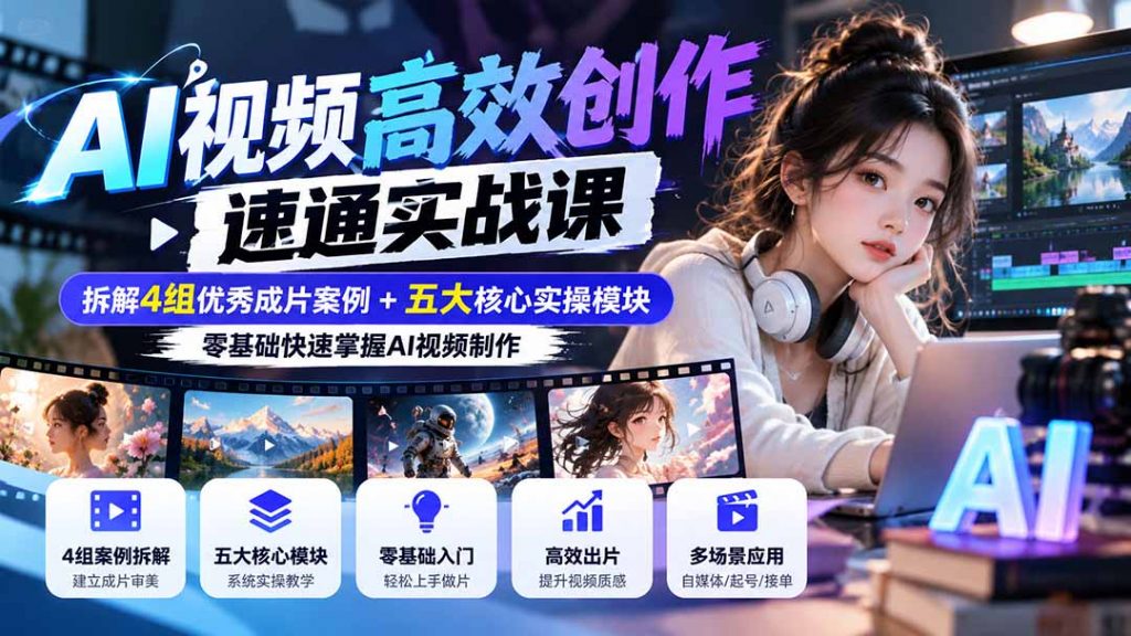 【无水印】AI视频高效创作速通实战课:拆解4组优秀成片案例+五大核心实操模块,零基础快速掌握AI视频制作-孔明聊项目
