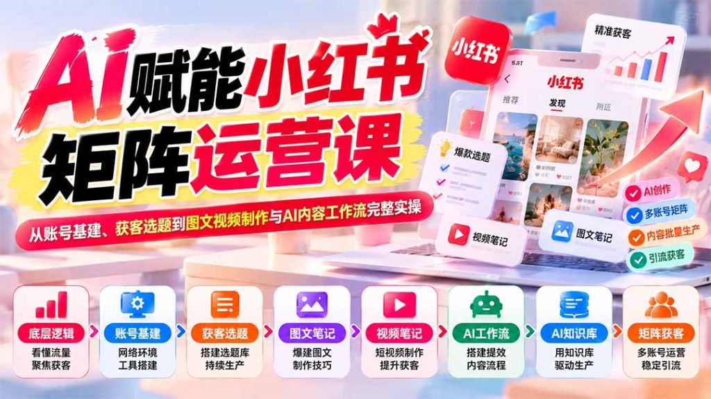 AI赋能小红书矩阵运营课:从账号基建、获客选题到图文视频制作与AI内容工作流完整实操-孔明聊项目