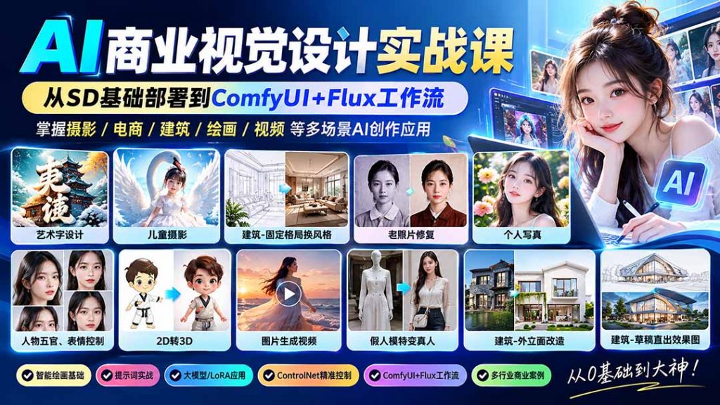 【无水印】AI商业视觉设计实战课:从SD基础部署到ComfyUI+Flux工作流,掌握摄影电商建筑AI创作-孔明聊项目