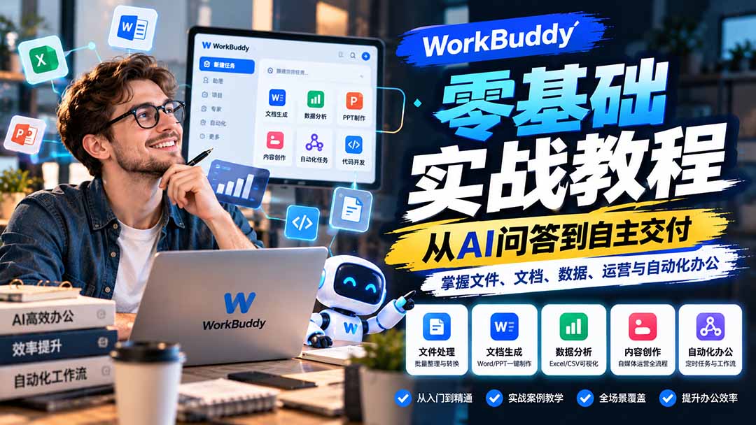 WorkBuddy零基础实战教程：从AI问答到自主交付，掌握文件、文档、数据、运营与自动化办公-孔明聊项目