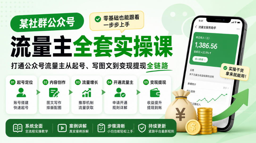某社群公众号流量主全套实操课，零基础也能跟着一步步上手，打通公众号流量主从起号、写图文到变现提现全链路-孔明聊项目