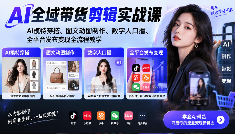 AI全域带货剪辑实战课｜AI模特穿搭、图文动图制作、数字人口播、全平台发布变现全流程教学-孔明聊项目