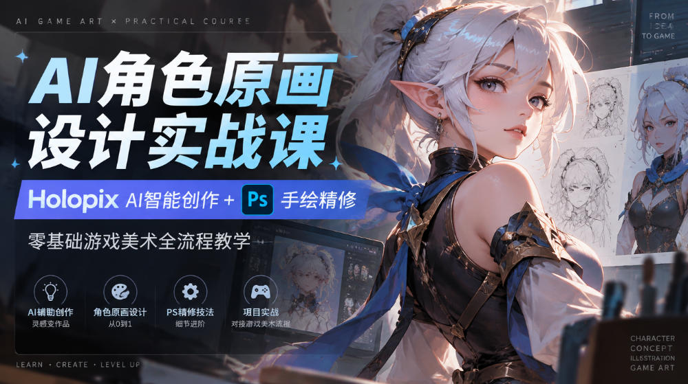 AI角色原画设计实战课｜Holopix AI智能创作+PS手绘精修，零基础游戏美术全流程教学-孔明聊项目