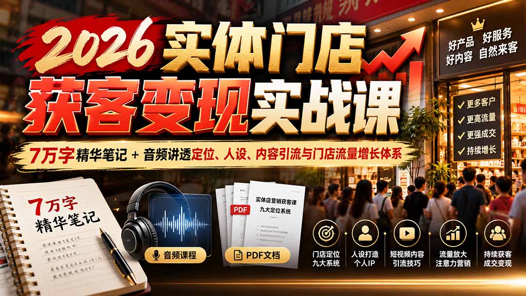 2026实体门店获客变现实战课：7万字精华笔记+音频讲透定位、人设、内容引流与门店流量增长体系-孔明聊项目