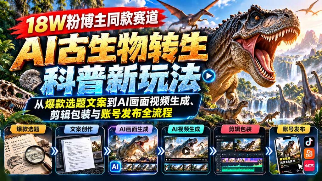 18W粉博主同款赛道-AI古生物转生科普新玩法：从爆款选题文案到AI画面视频生成、剪辑包装与账号发布全流程-孔明聊项目