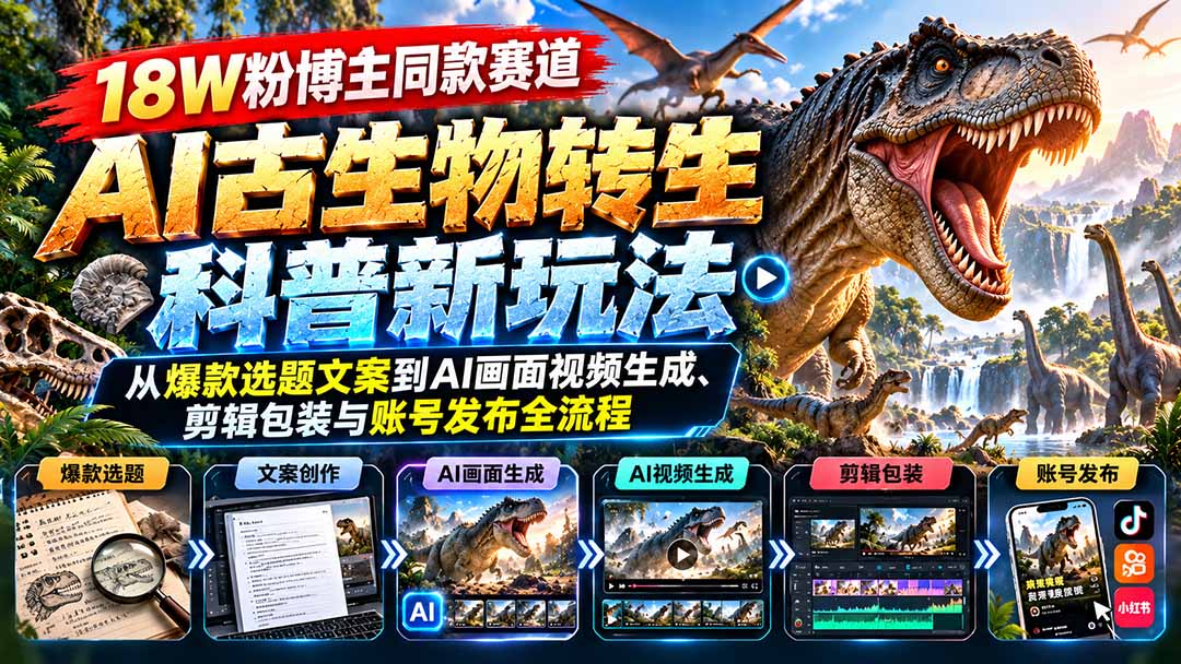 18W粉博主同款赛道-AI古生物转生科普新玩法：从爆款选题文案到AI画面视频生成、剪辑包装与账号发布全流程-孔明聊项目