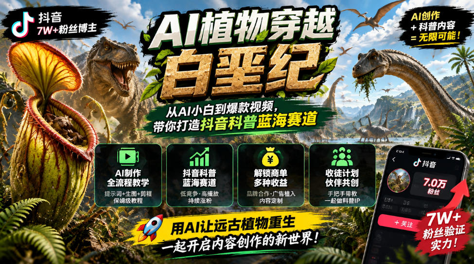 抖音7W粉丝博主的AI植物穿越白垩纪教学，抖音科普蓝海赛道，解锁商单收徒伙伴计划等多种收益-孔明聊项目