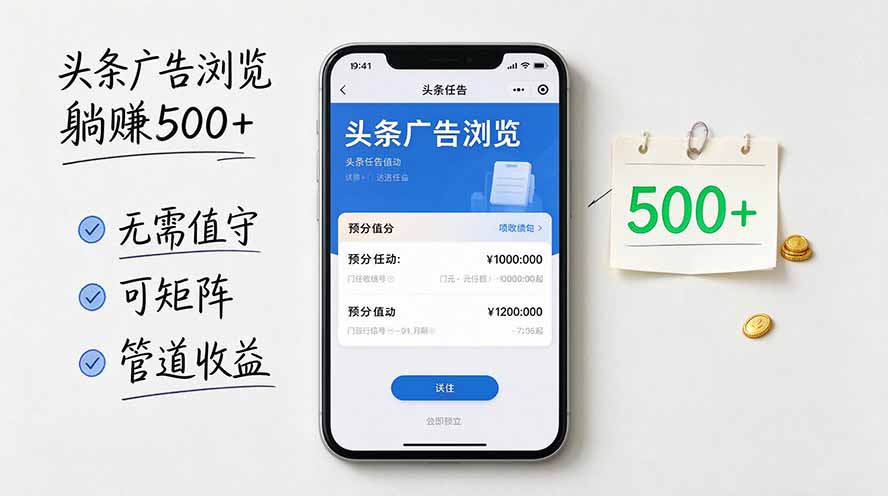 头条广告浏览躺赚500+无需值守，可矩阵并附有管道收益-孔明聊项目