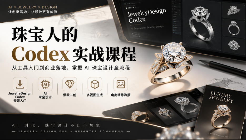 珠宝人的Codex实战课程｜JewelryDesign Codex安装入门、AI珠宝设计、爆款二创、多视图生成、电商精修海报全链路教学-孔明聊项目