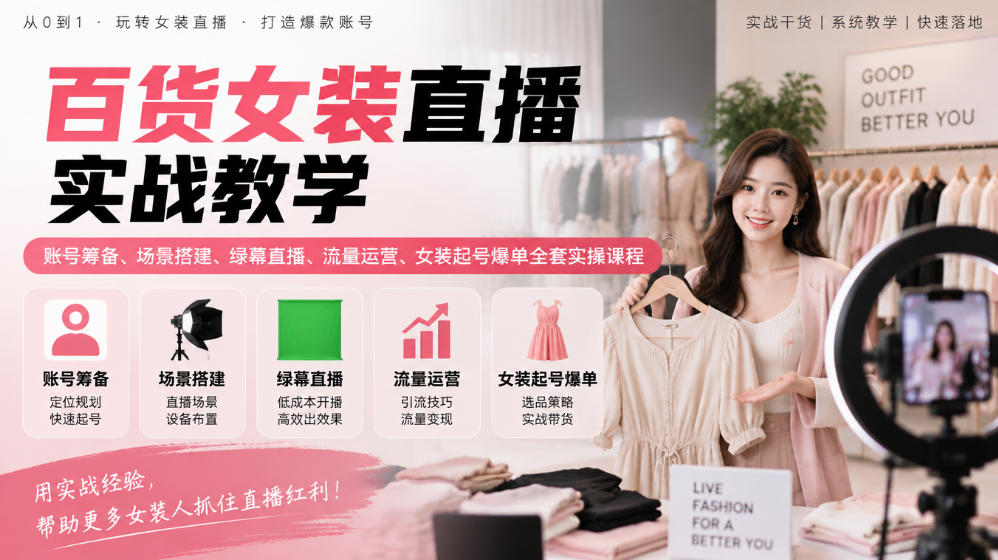 百货女装直播实战教学｜账号筹备、场景搭建、绿幕直播、流量运营、女装起号爆单全套实操课程-孔明聊项目