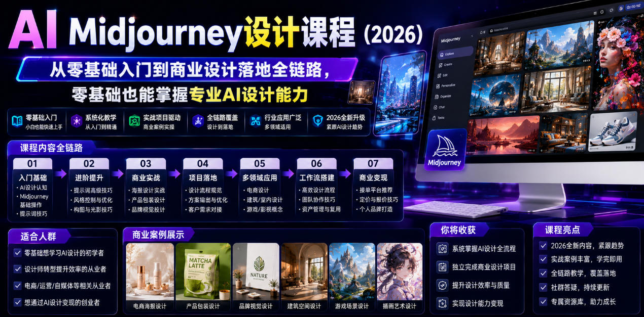 AI Midjourney设计课程(2026)，从零基础入门到商业设计落地全链路，零基础也能掌握专业AI设计能力(更新1007)-孔明聊项目