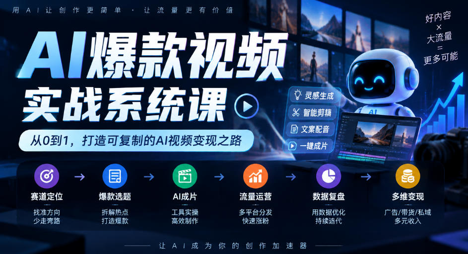AI爆款视频实战系统课｜赛道定位、爆款选题、AI成片、流量运营、数据复盘、多维变现全链路教学-孔明聊项目