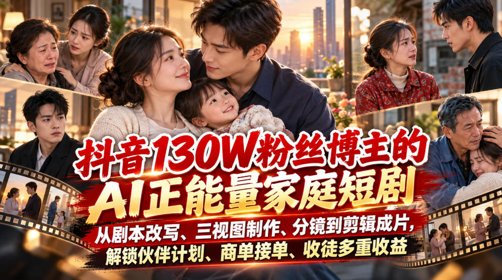 抖音130W粉丝博主的AI正能量家庭短剧，从剧本改写、三视图制作、分镜到剪辑成片，解锁伙伴计划、商单接单、收徒多重收益(更新1007)-孔明聊项目