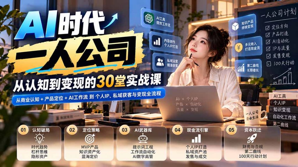 【无水印】AI时代一人公司30堂实战课：从商业认知+产品定位+AI工作流到个人IP、私域获客与变现全流程-孔明聊项目