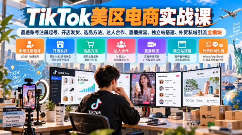TikTok美区电商实战课，覆盖账号注册起号、开店发货、选品方法、达人合作、直播投流、独立站搭建、外贸私域引流全模块-孔明聊项目