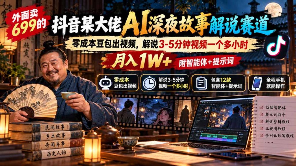 外面卖699抖音某大佬AI深夜故事解说赛道-更新：0成本豆包出视频+解说3-5分钟视频一个多小时，月入1W+附智能体+提示词-孔明聊项目
