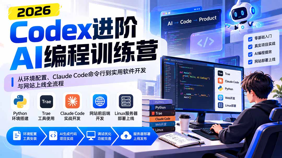 Codex进阶AI编程训练营：从环境配置、Claude Code命令行到实用软件开发与网站上线全流程-孔明聊项目