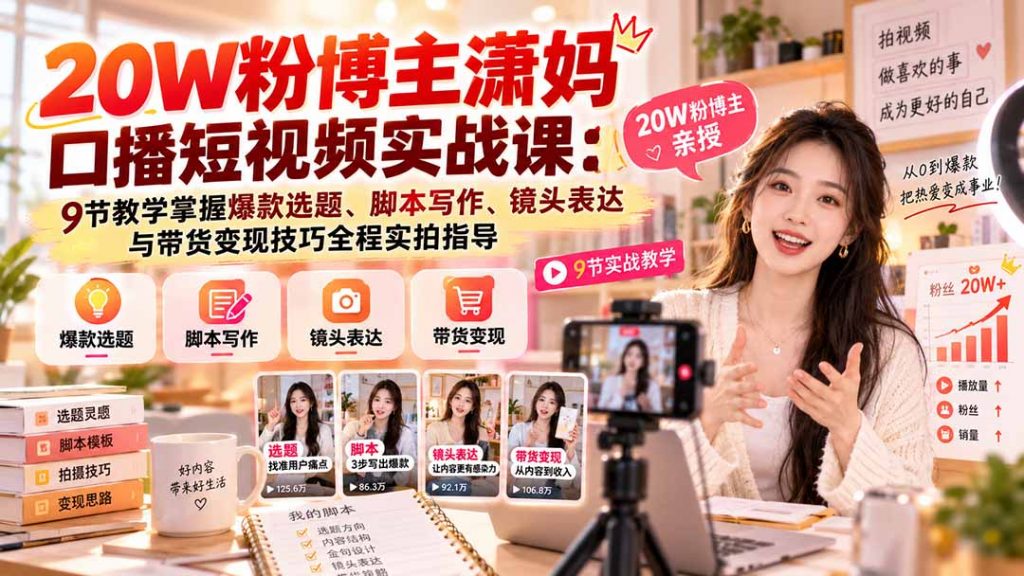 20W粉博主潇妈口播短视频实战课：9节教学掌握爆款选题、脚本写作、镜头表达与带货变现技巧实拍指导-孔明聊项目