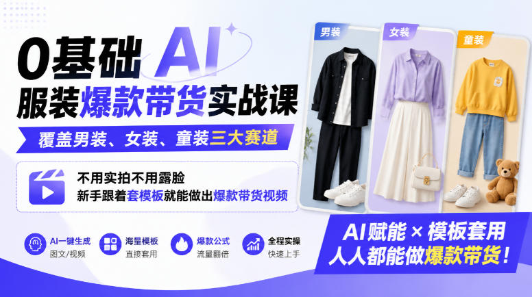 0基础AI服装爆款带货实战课｜覆盖男装、女装、童装三大赛道，不用实拍不用露脸，新手跟着套模板就能做出爆款带货视频(更新1010)-孔明聊项目