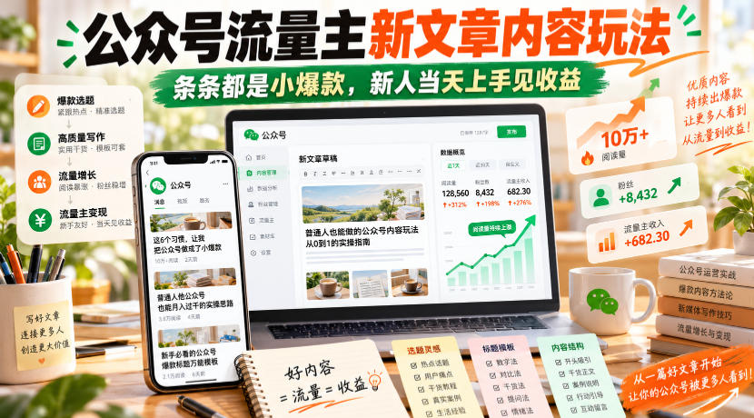 公众号流量主新文章内容玩法，条条都是小爆款，新人当天上手见收益-孔明聊项目