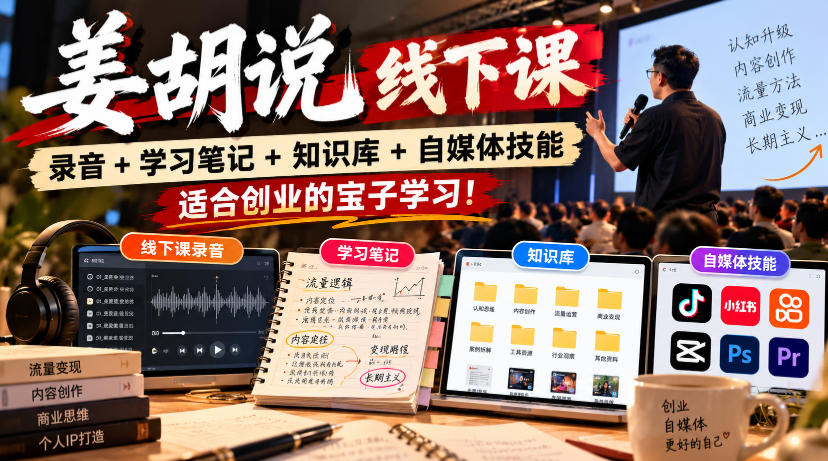 姜胡说线下课录音＋学习笔记＋知识库＋自媒体技能，​适合创业的宝子学习！-孔明聊项目
