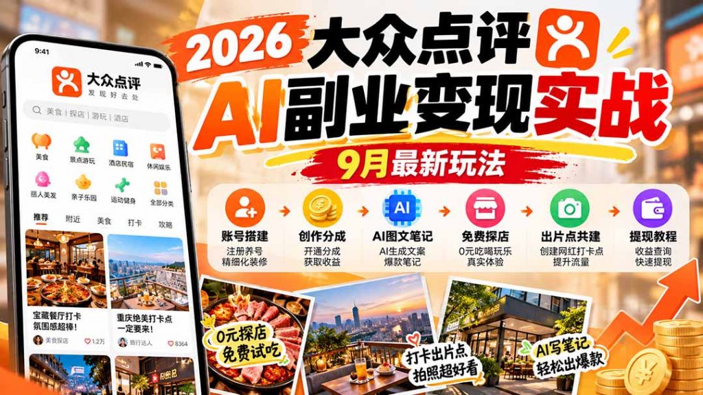 2026大众点评AI副业变现实战9月最新玩法：账号搭建+创作分成+AI图文笔记+免费探店+出片点共建与提现教程-孔明聊项目