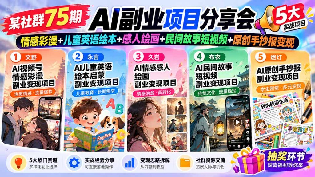 某社群75期AI副业项目分享会：情感彩漫+儿童英语绘本+感人绘画+民间故事短视频+原创手抄报变现-孔明聊项目