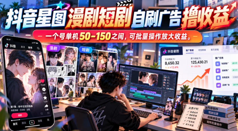 抖音星图漫剧短剧自刷广告撸收益，一个号单机50-150之间，可批量操作放大收益-孔明聊项目