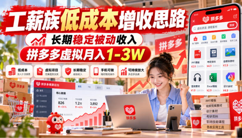 工薪族低成本增收思路，长期稳定被动收入，拼多多虚拟月入1-3W-孔明聊项目