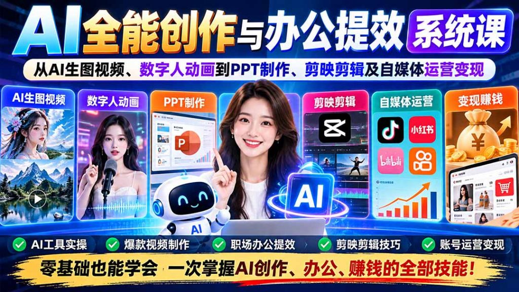 AI全能创作与办公提效系统课：从AI生图视频、数字人动画到PPT制作、剪映剪辑及自媒体运营变现-孔明聊项目