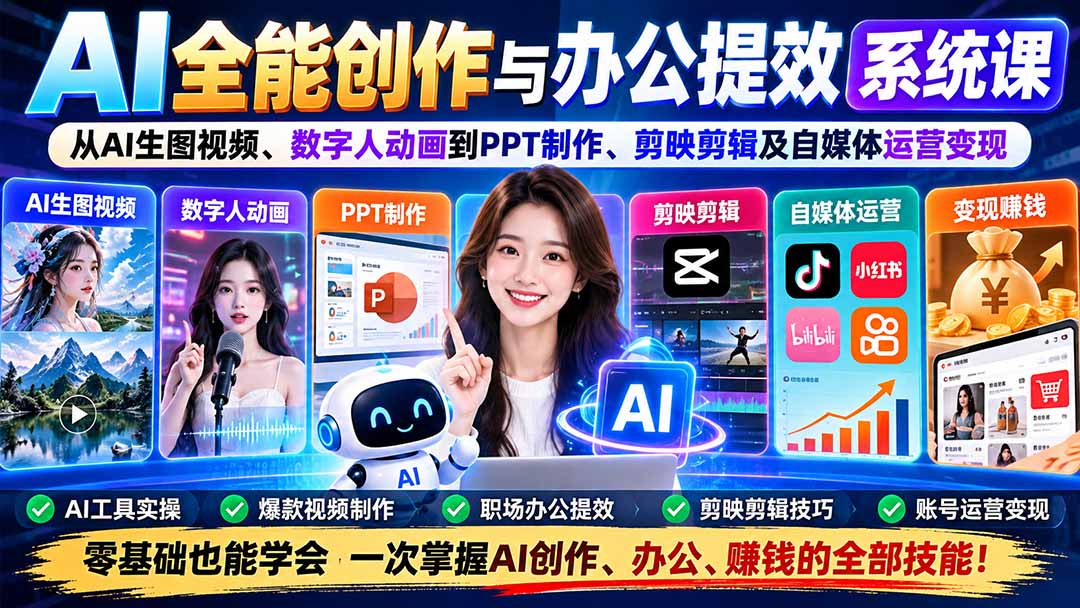 AI全能创作与办公提效系统课：从AI生图视频、数字人动画到PPT制作、剪映剪辑及自媒体运营变现-孔明聊项目