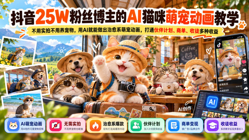 抖音25W粉丝博主的AI猫咪萌宠动画教学，不用实拍不用养宠物，用AI就能做出治愈系萌宠动画，打通伙伴计划、商单、收徒多种收益-孔明聊项目