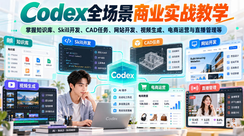 Codex全场景商业实战教学，掌握知识库、Skill开发、CAD任务、网站开发、视频生成、电商运营与直播管理等(更新1010)-孔明聊项目