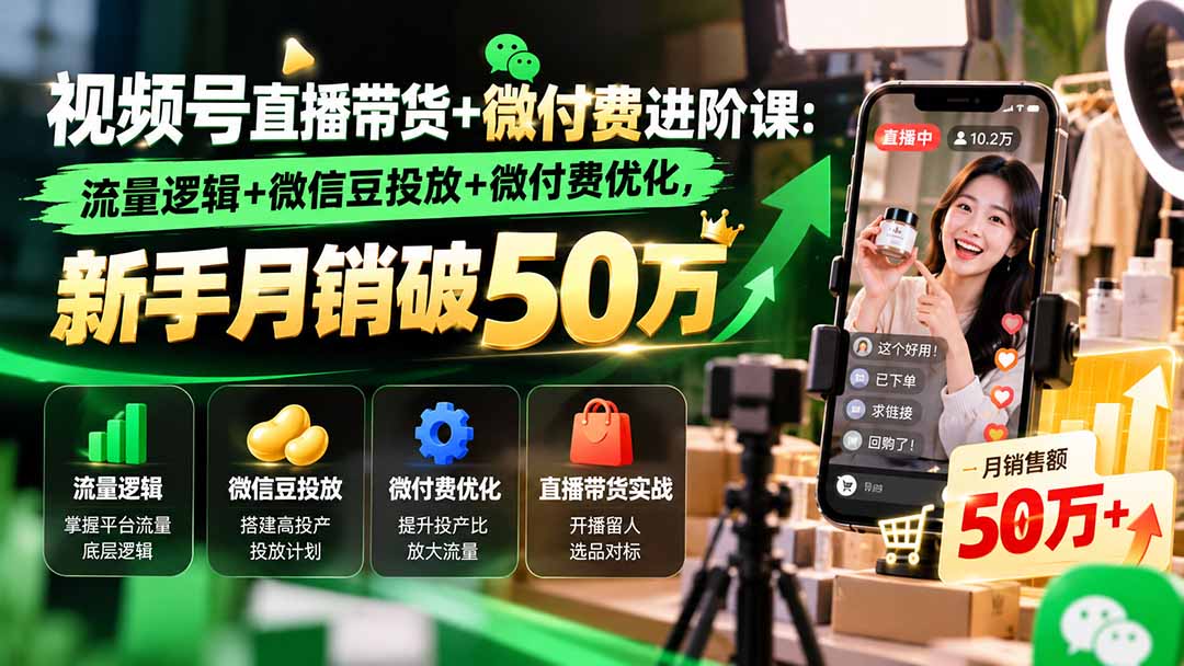 视频号直播带货+微付费进阶课-更新1010：流量逻辑+微信豆投放+微付费优化，新手月销破50万-孔明聊项目