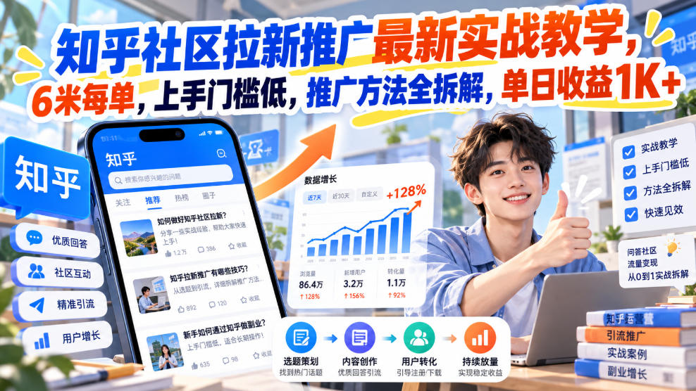知乎社区拉新推广最新实战教学，6米每单，上手门槛低，推广方法全拆解，单日收益1K+！(更新1010)-孔明聊项目
