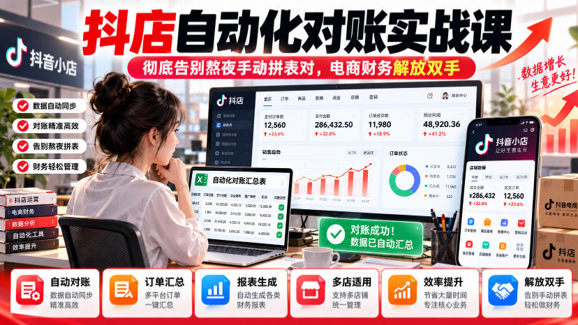 抖店自动化对账实战课，彻底告别熬夜手动拼表对，账电商财务解放双手-孔明聊项目