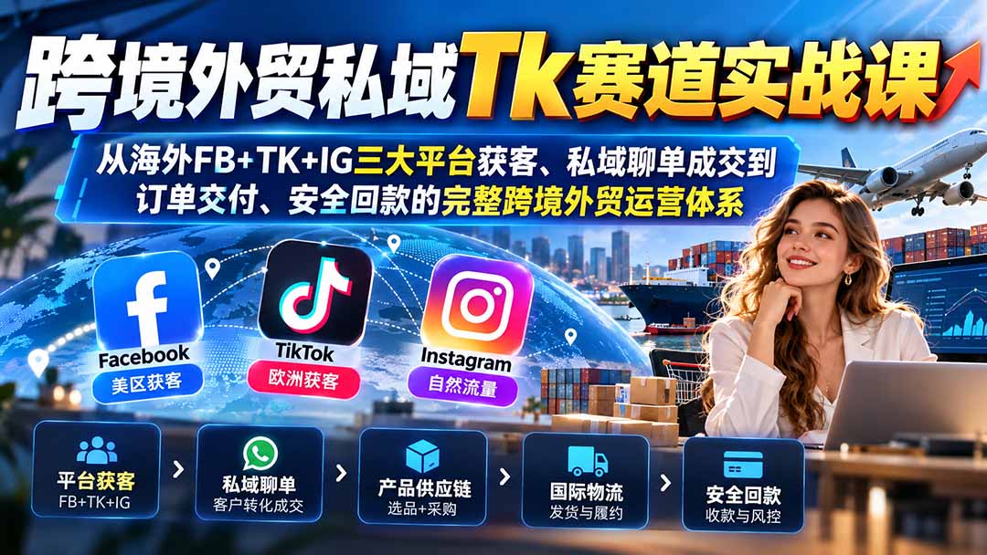 跨境外贸私域Tk赛道实战课：从海外FB+TK+IG三大平台获客、私域聊单成交到订单交付、安全回款的完整跨境外贸运营体系-孔明聊项目