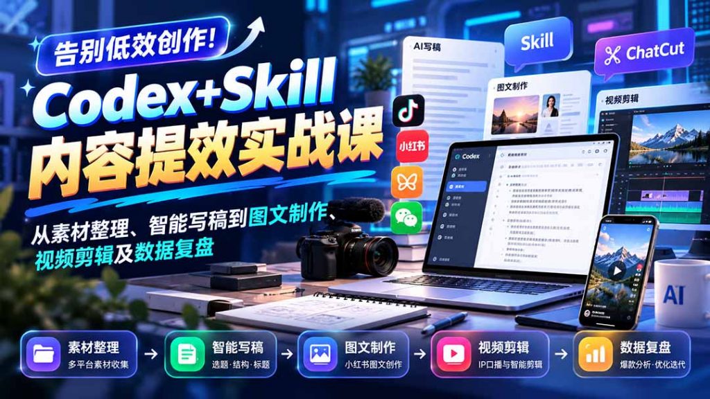 【无水印】告别低效创作！Codex+Skill内容提效实战课：从素材整理、智能写稿到图文制作、视频剪辑及数据复盘-孔明聊项目