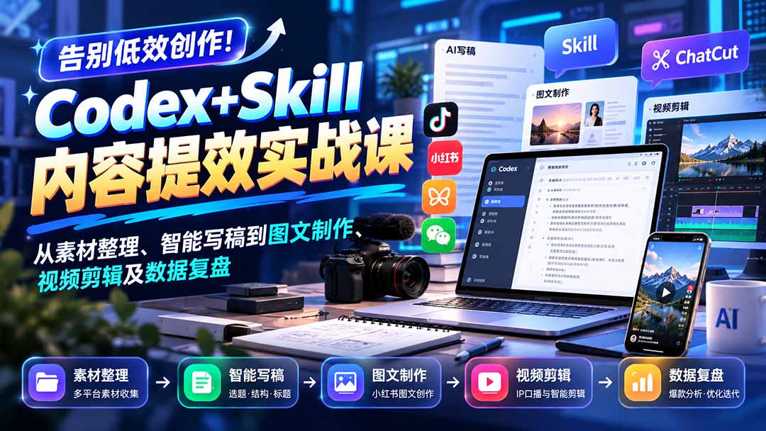 【无水印】告别低效创作！Codex+Skill内容提效实战课：从素材整理、智能写稿到图文制作、视频剪辑及数据复盘-孔明聊项目