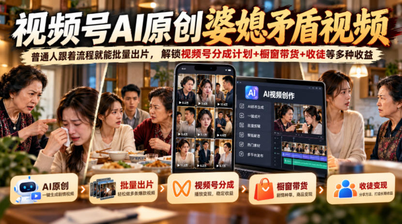 视频号ai原创婆媳矛盾视频，普通人跟着流程就能批量出片，解锁视频号分成计划+橱窗带货+收徒等多种收益-孔明聊项目