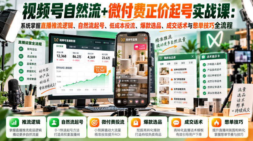 视频号自然流+微付费正价起号实战课：系统掌握直播推流逻辑、自然流起号、低成本投流、爆款选品、成交话术与憋单技巧全流程-孔明聊项目