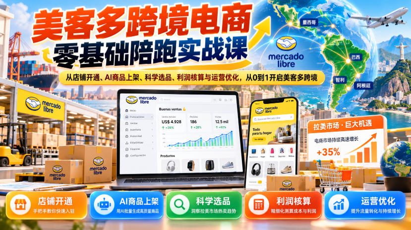 美客多跨境电商零基础陪跑实战课：从店铺开通、AI商品上架、科学选品、利润核算与运营优化，从0到1开启美客多跨境-孔明聊项目