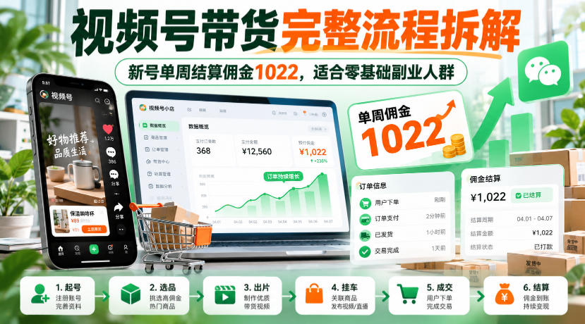 视频号带货完整流程拆解，新号单周结算佣金1022，适合零基础副业人群-孔明聊项目