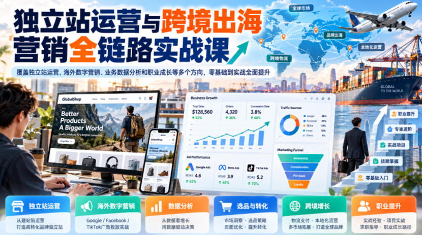 独立站运营与跨境出海营销全链路实战课，覆盖独立站运营、海外数字营销、业务数据分析和职业成长等多个方向，零基础到实战全面提升-孔明聊项目